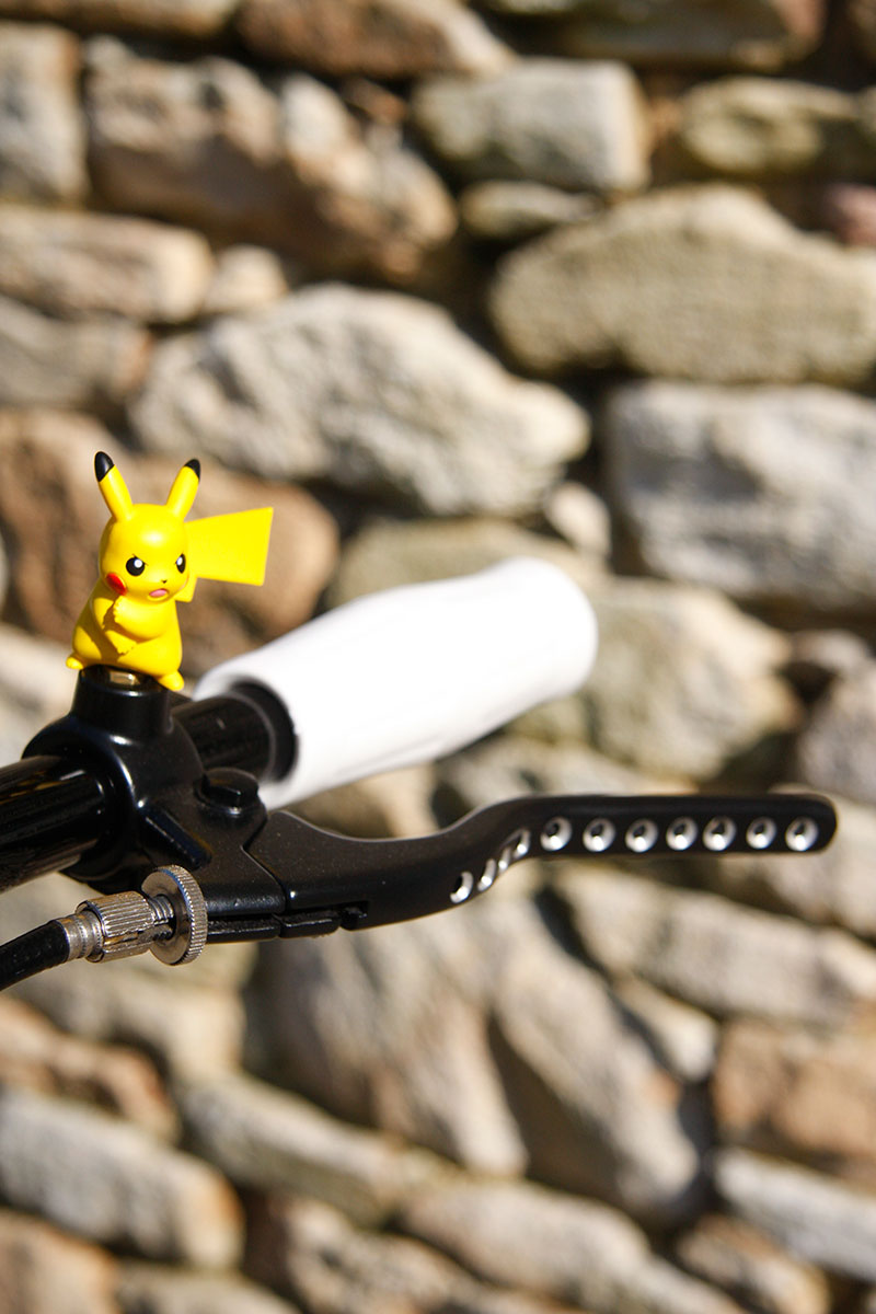Levers lightened with countersunk holes and Pikachu mascot brat bobber